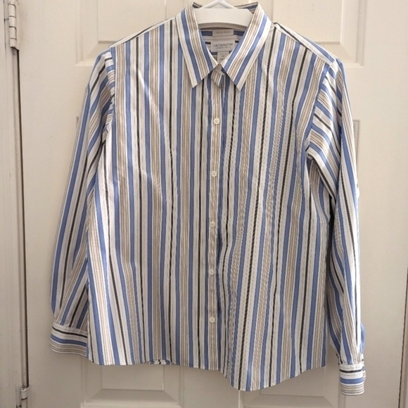 Liz Claiborne Non-Iron Women's Shirt Button Front Blue Stripe Size 14P - Picture 1 of 9